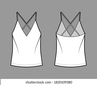 Camisole technical fashion illustration with flattering V-neck, straps, relaxed fit, tunic length. Flat outwear tank apparel template front, back, white color. Women, men unisex shirt top CAD mockup