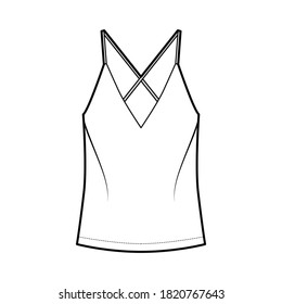 Ilustración de moda técnica camisola con cuello V halagador, correas, ajuste relajado, longitud túnica. Delantero de la plantilla de ropa de vestir de ropa de vestir de ropa de vestir de ropa plana, color blanco. Mujeres, hombres unisex camiseta top CAD mockup