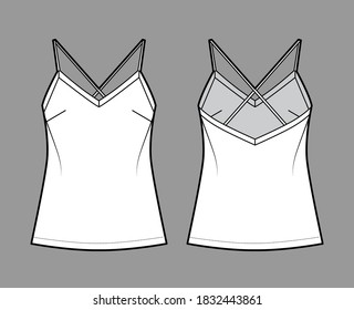 Camisole technical fashion illustration with flattering V-neck, crisscross spaghetti straps, relaxed fit. Flat outwear tank apparel template front, back, white color. Women, men shirt top CAD mockup
