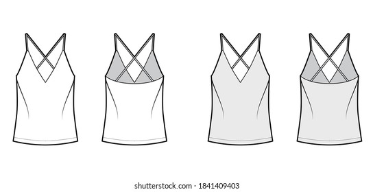 Ilustración de moda técnica camisola con cuello V halagador, correas, ajuste relajado, longitud túnica. Plantilla de ropa de vestir de ropa de vestir plana frontal, posterior, color gris blanco. Mujeres, hombres unisex camiseta top mockup