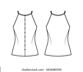 Ilustración de moda técnica camisola con ajuste relajado, correas delgadas, racerback, fila de botones. Plantilla de ropa de vestir de ropa de vestir plana delantera, trasera, color blanco. Mujeres, hombres unisex camiseta top CAD mockup