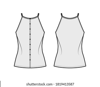 Ilustración de moda técnica camisola con ajuste relajado, correas delgadas, racerback, fila de botones. Plantilla de ropa de vestir de ropa de vestir plana frontal, posterior, color gris. Mujeres, hombres unisex camiseta top CAD mockup