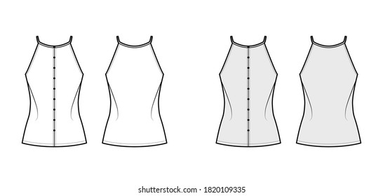 Ilustración de moda técnica camisola con ajuste relajado, correas delgadas, racerback, fila de botones. Plantilla de ropa de vestir de ropa de vestir plana frontal, color gris negro. Mujeres hombres unisex camiseta top CAD mockup