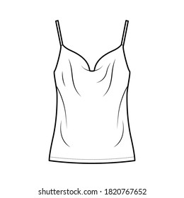 Camisole technical fashion illustration with vintage-inspired cowl neckline, relaxed fit, tunic length. Flat outwear tank apparel template front, white color. Women, men unisex shirt top CAD mockup