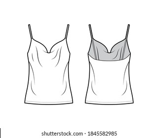 Camisole technical fashion illustration with vintage-inspired cowl neckline, relaxed fit, tunic length. Flat outwear tank apparel template front, back, white color. Women, men unisex shirt top mockup