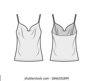 Camisole technical fashion illustration with vintage-inspired cowl neckline, relaxed fit, tunic length. Flat outwear tank apparel template front back grey color. Women, men unisex shirt top CAD mockup