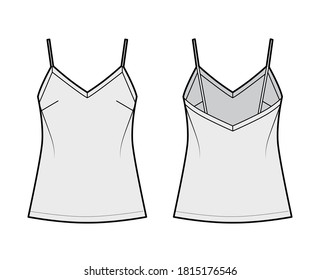 Ilustración de moda técnica camisola con cuello V, correas de espagueti, ajuste relajado, longitud de la túnica. Plantilla de ropa de vestir de ropa de vestir plana frontal, posterior, color gris. Mujeres, hombres unisex camiseta top CAD mockup