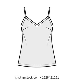 Camisole technical fashion illustration with V-neck, spaghetti straps, relaxed fit, tunic length. Flat outwear tank apparel template front, grey color. Women, men unisex shirt top mockup