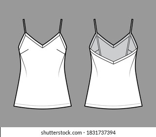 Camisole technical fashion illustration with V-neck, spaghetti straps, relaxed fit, tunic length. Flat outwear tank apparel template front, back, white color. Women, men unisex shirt top CAD mockup