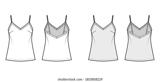 Ilustración de moda técnica camisola con cuello V, correas de espagueti, ajuste relajado, longitud de la túnica. Plantilla de ropa de vestir de ropa de vestir plana frontal, color gris negro. Mujeres hombres unisex camiseta top CAD mockup