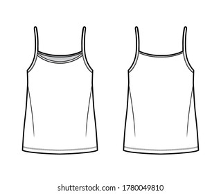 Camisole top technical fashion illustration with oversized body, bonded strap scoop neck. Flat cami shirt apparel template front, back, white color. Women, men unisex CAD mockup