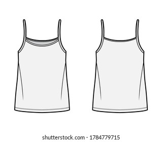 Ilustración de moda técnica de alta tecnología camisola con cuerpo sobredimensionado, cuello de correa de unión. Plantilla de ropa de cami plana delante, atrás, color gris. Mujeres, hombres unisex CAD mockup