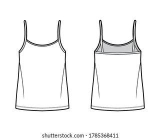 Camisole top technical fashion illustration with oversized body, bonded strap scoop neck. Flat cami shirt apparel template front, back, white color. Women, men unisex CAD mockup