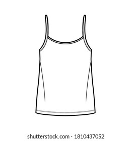 Camisole top technical fashion illustration with oversized body, bonded strap scoop neck. Flat cami shirt apparel template front, white color. Women, men unisex CAD mockup