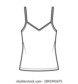 Camisole V-neck cotton-jersey top technical fashion illustration with thin adjustable straps, oversized, tunic length. Flat outwear tank template front, white color. Women men unisex CAD mockup