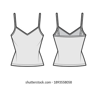 Camisole V-neck cotton-jersey top technical fashion illustration with thin adjustable straps, slim fit, tunic length. Flat outwear tank template front, back, grey color. Women men unisex CAD mockup