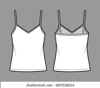 Camisole V-neck cotton-jersey top technical fashion illustration with thin adjustable straps, oversized, tunic length. Flat outwear tank template front, back, white color. Women men unisex CAD mockup