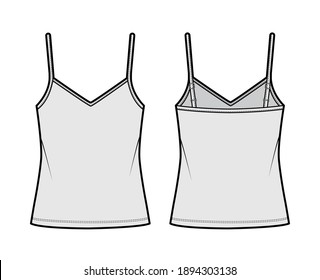 Ilustración de moda técnica superior Camisole V-cuello de algodón-jersey con correas delgadas ajustables, de tamaño excesivo, de longitud túnica. Plantilla de tanque de ropa interior plana delantera, trasera, color gris. Hombres mujeres unisex maquillaje CAD