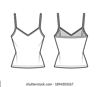 Ilustración de moda técnica superior Camisole V-cuello de algodón-jersey con correas delgadas ajustables, ajuste delgado, longitud túnica. Plantilla de tanque de ropa interior plana delantera, trasera, color blanco. Hombres mujeres unisex maquillaje CAD