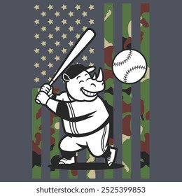 Camo American Flag Baseball Rhinoceros USA Gift T-shirt