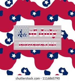 Camo background in national USA colors - white, red and navy blue and table with inscription 4th of July, Independence Day on a separate layer. Seamless repeat camouflage pattern with stars