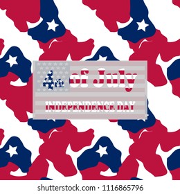 Camo background in national USA colors - white, red and navy blue and table with inscription 4th of July, Independence Day on a separate layer. Seamless repeat camouflage pattern with stars