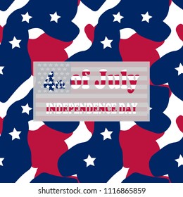 Camo background in national USA colors - white, red and navy blue and table with inscription 4th of July, Independence Day on a separate layer. Seamless repeat camouflage pattern with stars