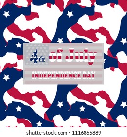 Camo background in national USA colors - white, red and navy blue and table with inscription 4th of July, Independence Day on a separate layer. Seamless repeat camouflage pattern with stars