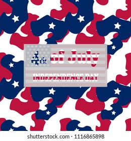 Camo Background In National USA Colors - White, Red And Navy Blue And Table With Inscription 4th Of July, Independence Day On A Separate Layer. Seamless Repeat Camouflage Pattern With Stars