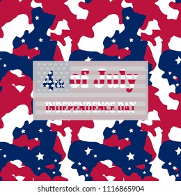 Camo Background In National USA Colors - White, Red And Navy Blue And Table With Inscription 4th Of July, Independence Day On A Separate Layer. Seamless Repeat Camouflage Pattern With Stars