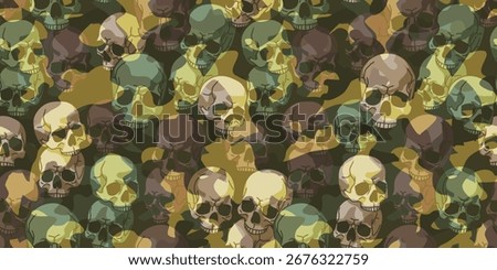 Camo background with skulls in army green. Seamless repeating pattern. Stock vector illustration for your design.