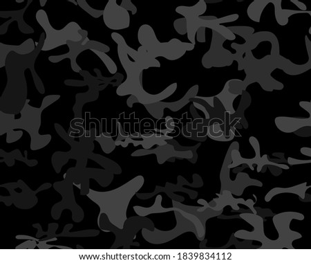 Camo Black Abstract Print. Gray Camo Print. Army Dirty Canvas. Repeat Black Texture. Black Modern Pattern. Military Vector Camoflage. Digital Dark Camouflage Seamless Brush. Vector Woodland Camouflage