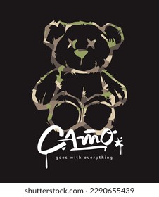 camo calligraphy slogan with graphic bear doll on camouflage background