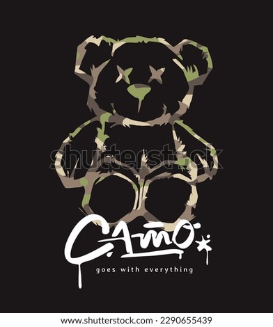 camo calligraphy slogan with graphic bear doll on camouflage background