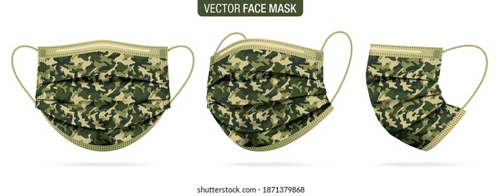 Camo face mask, vector set. Army camouflage protective masks, from different angles isolated on white. Virus, and flu protection military pattern mask, in a front, three-quarters, and side views.