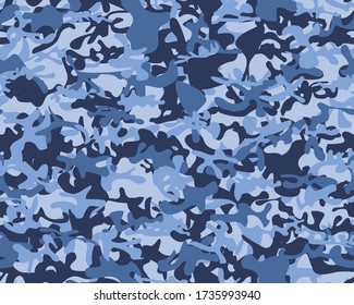 Camo Military Navy Print. Urban Camouflage Paint. Army Blue Canvas. Hunter Sea Pattern. Sea Repeat Pattern. Seamless Vector Camouflage. Blue Navy Camouflage Seamless Brush. Modern Abstract Background