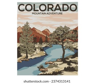 Camo mountain digital painting. Colorado adventure vintage print design for t shirt and others. National park graphic artwork for sticker, poster, background. 