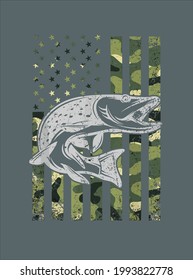 Camo Northern Pike American Flag Fishing Usa Design Vector Illustration For Use In Design And Print Poster Canvas