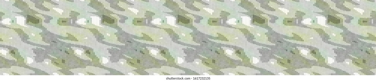 Camo spliced vector camouflage marl border texture. Variegated mottled ribbon trim. Seamless heather pattern. Modern distorted masculine textile trim. Military green fashion disrupted glitch edge.