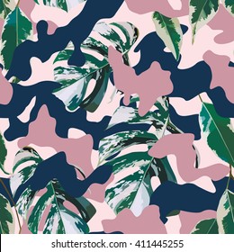 Camo and tropical marble leaves seamless background