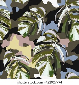 Camo and tropical marble leaves seamless background
