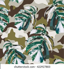 Camo and tropical marble leaves seamless background