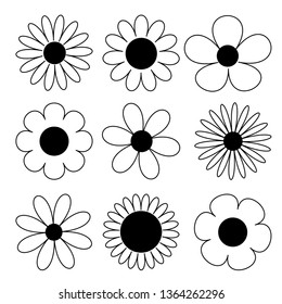 Camomile big set. Daisy chamomile line silhouette icon. Camomile big set. Cute round flower head plant collection. Love card symbol. Growing concept. Flat design. White background. Isolated. Vector