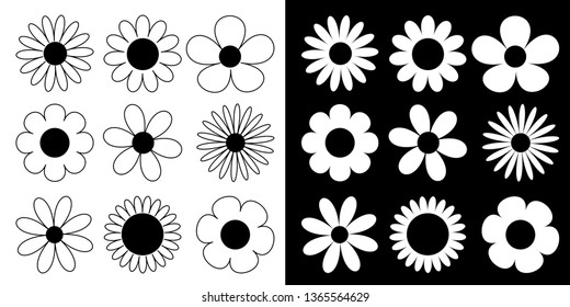 Camomile big set. Daisy chamomile line silhouette icon. Camomile big set. Cute round flower head plant collection. Love card symbol. Growing concept. Flat design. Black and white background. Vector
