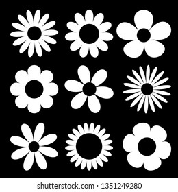 Camomile big set. White daisy chamomile silhouette icon. Cute round flower head plant collection. Love card symbol. Growing concept. Flat design. Black background. Isolated. Vector illustration