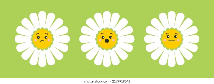 Camomile, daisy flowers characters set. illustration for nature design. Different emotions. Vector collection cute cartoon style icon.