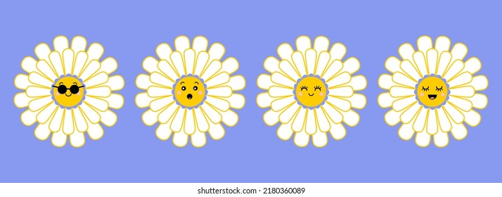 Camomile, daisy flowers characters set. illustration for nature design. Vector collection cute cartoon style icon.