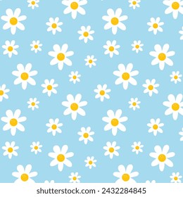 Camomile or daisy isolated on blue background. Hand drawn camomile floral seamless pattern vector illustration.