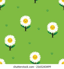 Chamomile, daisy meadow vectorial de fondo sin fisuras con personajes de flores estilo caricatura.
