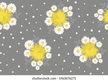 Camomile, dandelion and leaves seamless pattern on grey background. Vector illustration. Perfect for wallpaper, background, fabric or wrapping paper.